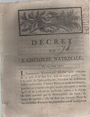 Image du vendeur pour Dcret de l'Assemble Nationale, Du 24 Juin 1791. mis en vente par Librairie Lalibela