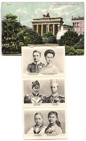 Leporello-Ansichtskarte Berlin, Brandenburger Tor am Pariser Platz, Königsfamilie, Prinz Adalbert...