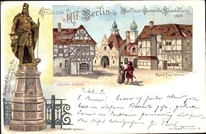 Litho Berlin, Gewerbeausstellung 1896, Markgraf Albrecht der Bär, Kleine Post Straße - Bahnpostst...