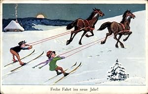Ansichtskarte / Postkarte Glückwunsch Neujahr, Pferde ziehen Kinder auf Skiern