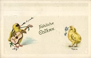 Präge Ansichtskarte / Postkarte Glückwunsch Ostern, Küken mit Gitarre
