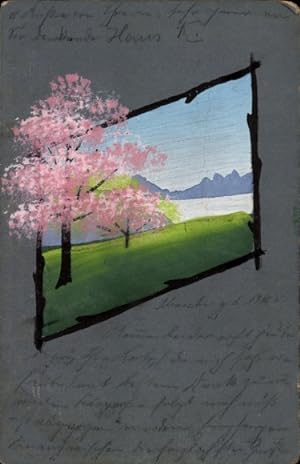 Handgemalt Ansichtskarte / Postkarte Landschaft, Berge, Bäume