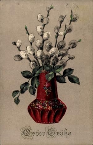 Ansichtskarte / Postkarte Glückwunsch Ostern, Weidenkätzchen in einer Blumenvase
