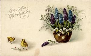 Ansichtskarte / Postkarte Glückwunsch Ostern, Küken, Blumen in einer Vase