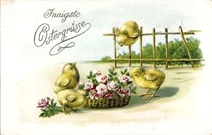 Ansichtskarte / Postkarte Glückwunsch Ostern, Küken, Rosen in einem Weidenkorb