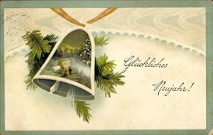 Präge Ansichtskarte / Postkarte Glückwunsch Neujahr, Winterlandschaft in einer Glocke