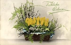 Ansichtskarte / Postkarte Glückwunsch Ostern, Weidenkorb mit Weidenkätzchen und gelben Tulpen