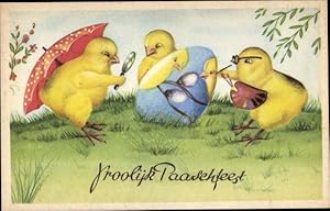 Ansichtskarte / Postkarte Glückwunsch Ostern, Küken bemalen ein Ei, Weidenkätzchen