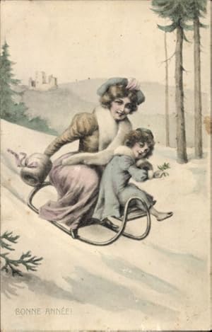 Ansichtskarte / Postkarte Glückwunsch Neujahr, Frau mit Kind fahren Schlitten