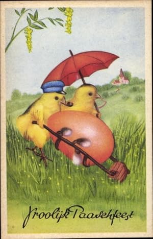 Ansichtskarte / Postkarte Glückwunsch Ostern, Küken, Pfeife, Osterei, Weidenkätzchen
