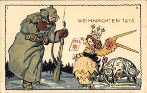 Künstler Ansichtskarte / Postkarte Kriegsweihnacht 1915, Soldat auf Wachtposten, Engel mit Pass, ...