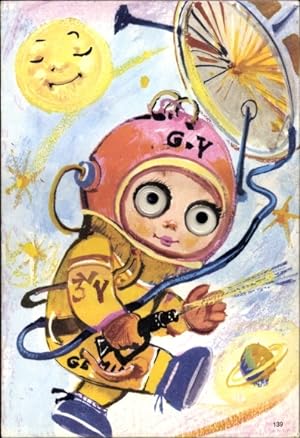 Wackelaugen Ansichtskarte / Postkarte Raumfahrt, Kosmonaut in Schutzanzug, Mond