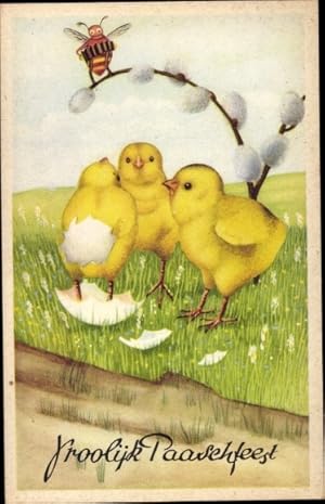 Ansichtskarte / Postkarte Glückwunsch Ostern, Küken, Biene mit Harmonika, Weidenkätzchen, Eierschale