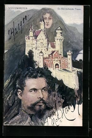 Künstler-Ansichtskarte Neuschwanstein, Berg mit Gesicht schaut trauend auf Ludwig II., Berggesichter