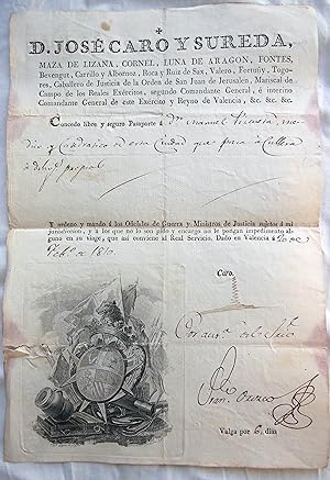 PASAPORTE A MANUEL PIZCUETA, DE VALENCIA A CULLERA. 1810