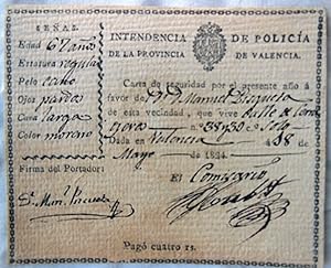 CARTA DE SEGURIDAD A FAVOR DE MANUEL PIZCUETA. VALENCIA 1824