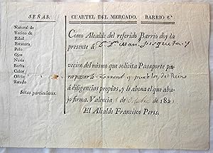 PASAPORTE PARA PASAR A TORRENT Y PUEBLOS DEL REINO. VALENCIA 1821