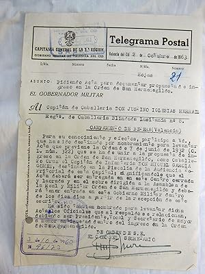 Documento: Solicitud Acta ingreso en ORDEN DE SAN HERMENEGILDO del Capitán de Caballería