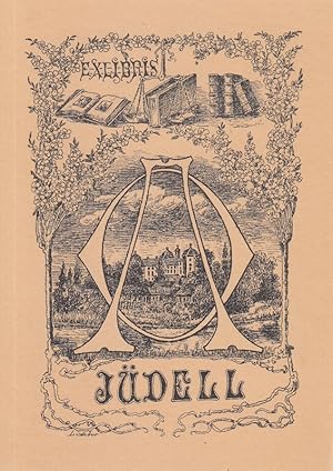 Image du vendeur pour Ex Libris Jdell. Initialen A O vor Stadt an Fluufer, darber Bcher und Waage, umrahmt von Struchern. mis en vente par Antiquariat  Braun