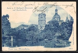 Ansichtskarte Mannheim, Partie a. d. Stadtpark mit Sternwarte und Jesuitenkirche