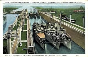 Ansichtskarte / Postkarte Panamakanal, Schleuse von Gatun, US-Amerikanische Kriegsschiffe, Zerstö...