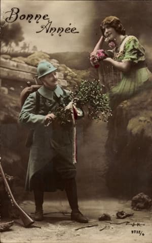 Ansichtskarte / Postkarte Glückwunsch Neujahr, Liebespaar, Mistelzweige, Französischer Soldat