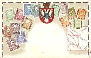 Briefmarken Litho Montenegro, Wappen, Landkarte