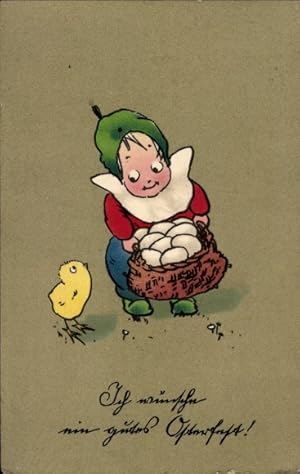 Ansichtskarte / Postkarte Glückwunsch Ostern, Kind mit Eierkorb und Küken
