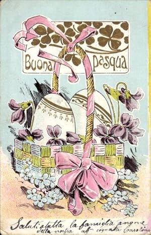 Präge Ansichtskarte / Postkarte Glückwunsch Ostern, Ostereier in einem Korb, Veilchen, Vergissmei...