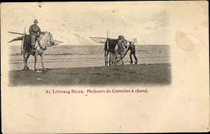 Ansichtskarte / Postkarte An der belgischen Küste, Garnelenfischer zu Pferd