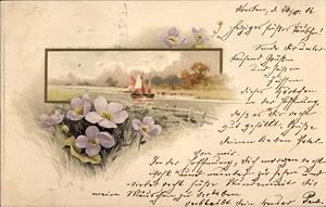 Litho Landschaft mit Segelboot, lila Blumen