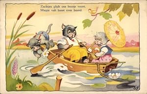 Künstler Ansichtskarte / Postkarte Katzen auf einem Ruderboot