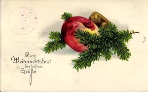 Ansichtskarte / Postkarte Glückwunsch Weihnachten, Tannenzweig, Apfel, Lebkuchen