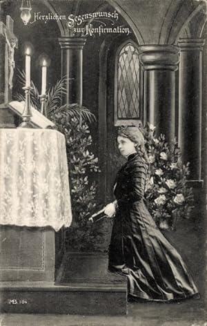 Ansichtskarte / Postkarte Glückwunsch Konfirmation, Betendes Mädchen, Kirche, Altar