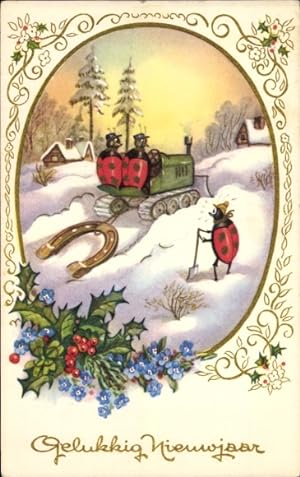Ansichtskarte / Postkarte Glückwunsch Neujahr, Marienkäfer, Schneereinigung, Stechpalme, Blumen
