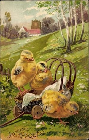 Präge Ansichtskarte / Postkarte Glückwunsch Ostern, Küken in Wagen