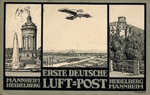 Künstler Ansichtskarte / Postkarte Morano, Erste deutsche Luftpost, Mannheim-Heidelberg, Heidelbe...