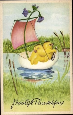 Ansichtskarte / Postkarte Glückwunsch Ostern, Küken im Segelboot, Eierschale, Blume