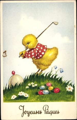Ansichtskarte / Postkarte Glückwunsch Ostern, Küken spielt Golf, Ostereier