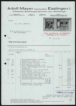 Rechnung Esslingen a. N. 1930, Adolf Mayer, Präzisions-Werkzeugmaschinen, -Werkzeuge, Ausstellung...