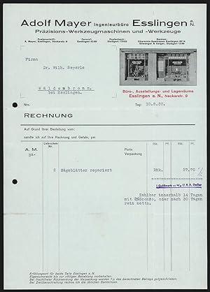 Rechnung Esslingen a. N. 1930, Adolf Mayer, Präzisions-Werkzeugmaschinen, -Werkzeuge, Frontansich...