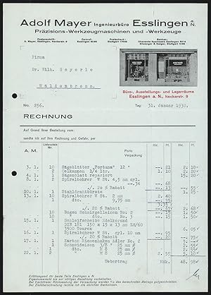 Rechnung Esslingen a. N. 1930, Adolf Mayer, Präzisions-Werkzeugmaschinen, -Werkzeuge, Das Büro in...