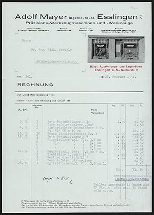 Rechnung Esslingen a. N. 1931, Adolf Mayer, Präzisions-Werkzeugmaschinen und -Werkzeuge, Ansicht ...