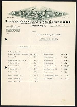 Rechnung Landshut /Bayern 1933, Vereinigte Kunstmühlen Landshut-Rosenheim AG, Die Mühlenbetriebe ...