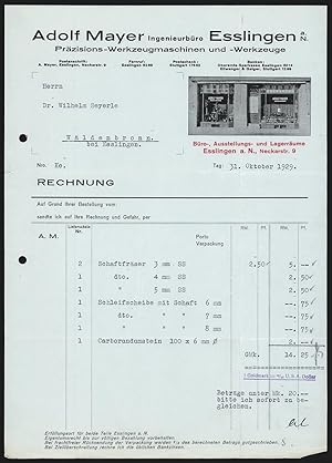 Rechnung Esslingen a. N. 1929, Adolf Mayer, Präzisions-Werkzeugmaschinen, -Werkzeuge, Das Geschäf...
