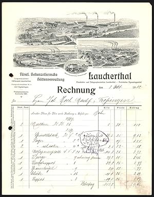 Rechnung Laucherthal 1912, Fürstl. Hohenzollernsche Hüttenverwaltung, Hauptfabrik und Filialen Im...