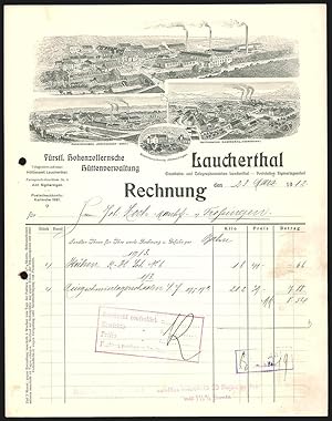 Rechnung Laucherthal 1912, Fürstl. Hohenzollernsche Hüttenverwaltung, Hauptwerk und Niederlagen I...