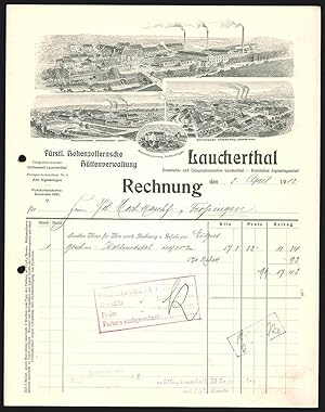 Rechnung Laucherthal 1912, Fürstlich Hohenzollernsche Hüttenverwaltung, Das Hauptwerk und zwei Fi...