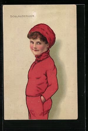 Künstler-Ansichtskarte Schlauberger mit roter Mütze