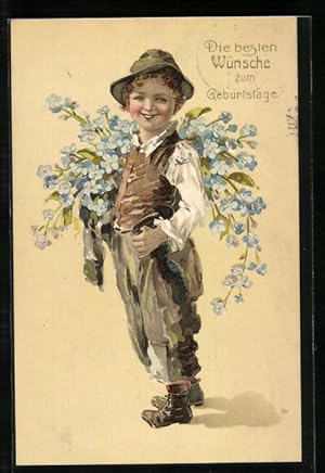 Künstler-Ansichtskarte Knabe in Tracht mit Blumen